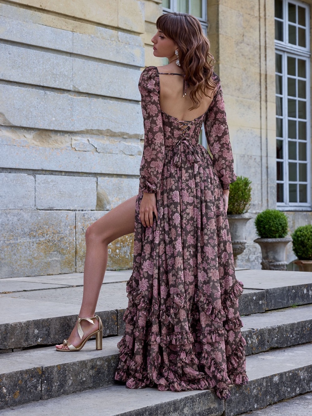 NWT V. Chapman Carmella Corset Maxi Dress Chocolate Peony Floral - Picture 3 of 11